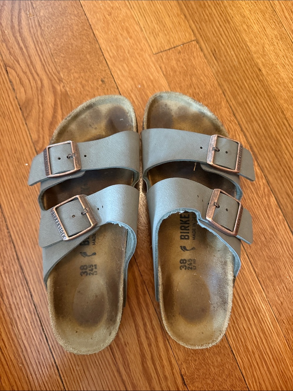 Birkenstock Women’s Dual-Strap Sandals in Taupe with Copper Buckles
